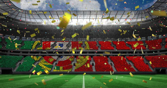Image of falling gold confetti over football stadium