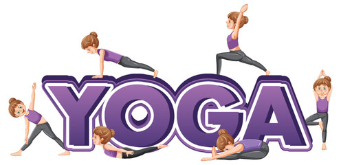 People practicing yoga with text