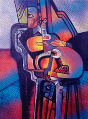 Cubist abstract musician with guitar - obrazy, fototapety, plakaty