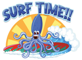 Cute squid on surfboard