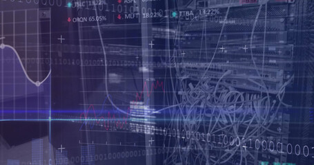 Binary coding and stock market data processing against close up of a computer server