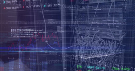 Binary coding and stock market data processing against close up of a computer server