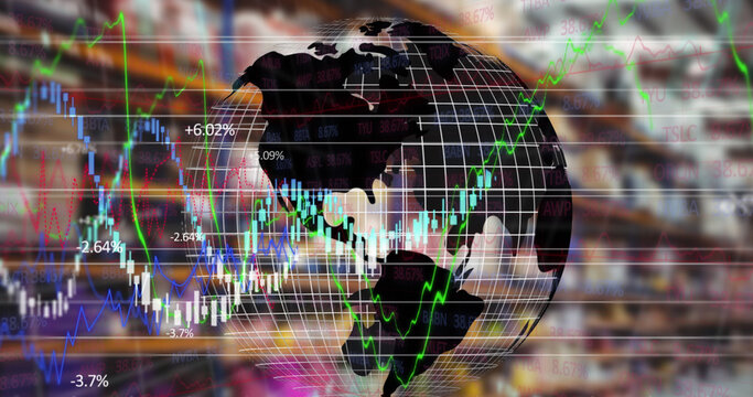 Financial and stock market data processing over spinning globe against warehouse
