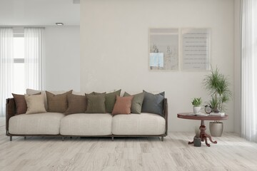 White living room with sofa. Scandinavian interior design. 3D illustration