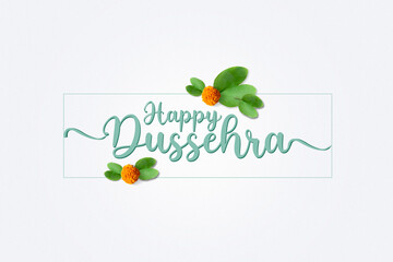 Happy Dussehra greeting card , green leaf and flower.
