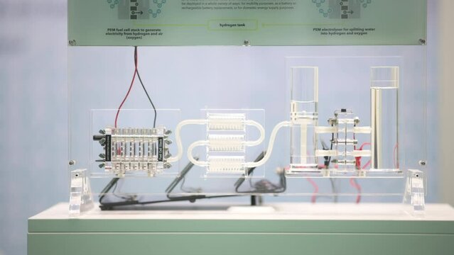 Fell cell system demonstrator with fuel cell stack, hydrogen tank and electrolyzer, slow zoom in