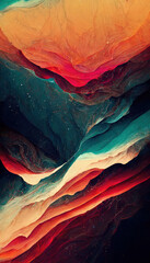 Abstract futuristic background colorful wallpaper or backdrop, with grunge texture, imaginative, color transition with orange, black, teal, blue, red, yellow colors sky and stars
