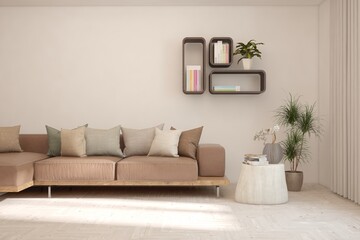 White living room with sofa. Scandinavian interior design. 3D illustration