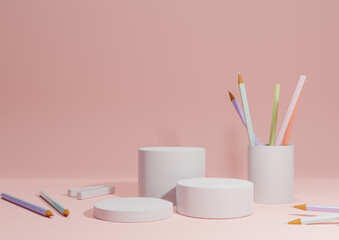 Pastel, light red, salmon pink 3D illustration back to school product display three podium or stand, horizontal image from side with pencils and chalk on table for product photography background