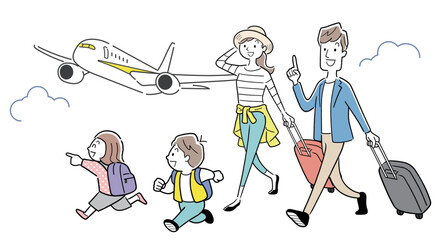 ベクターイラスト素材：飛行機で旅行へ行く4人家族
