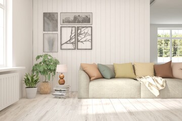 White living room with sofa. Scandinavian interior design. 3D illustration