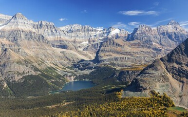 Lake O'Hara Alpine Basin Aerial Landscape with Autumn Colors and Rugged Rocky Mountain Peaks Skyline. Scenic Hiking in Yoho National Park, Canadian Rockies 