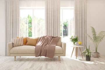 White living room with sofa and summer landscape in window. Scandinavian interior design. 3D illustration