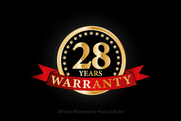 28 years golden warranty logo with ring and red ribbon isolated on black background, vector design for product warranty, guarantee, service, corporate, and your business.