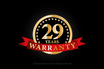 29 years golden warranty logo with ring and red ribbon isolated on black background, vector design for product warranty, guarantee, service, corporate, and your business.