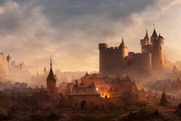 Medieval town with castle - obrazy, fototapety, plakaty