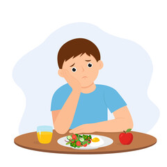 Child eating boring food. Little boy feel not hungry. Kid  feeling unhappy looking at bowl of vegetables refusing to eat. Vector illustration