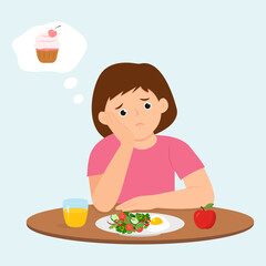 Child eating boring food. Little girl feel not hungry. Kid  feeling unhappy looking at bowl of vegetables and dreaming cake.Vector illustration