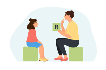 Cute little girl at speech therapist office.Speech disorders in children.Proper articulation therapy for girl. Vector illustration - obrazy, fototapety, plakaty