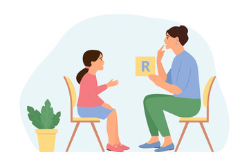 Speech therapy for preschool kid with therapist. Speech disorders in children.Proper articulation therapy for girl. Vector illustration.Isolated vector