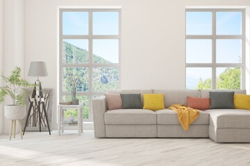 White living room with sofa and summer landscape in window. Scandinavian interior design. 3D illustration