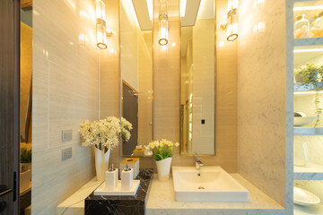 Row of modern marble ceramic wash basin in public toilet, restroom in restaurant or hotel or shopping mall, interior decoration design