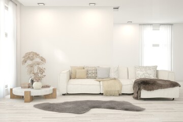 White living room with sofa. Scandinavian interior design. 3D illustration