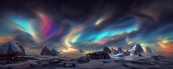 Painting of panoramic northern light landscape