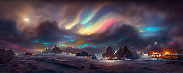 Fototapeta na wymiar Painting of panoramic northern light landscape