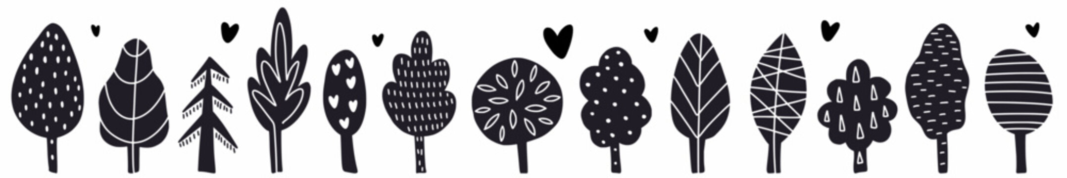 Vector, children's, horizontal pattern with hand-drawn trees in doodle style