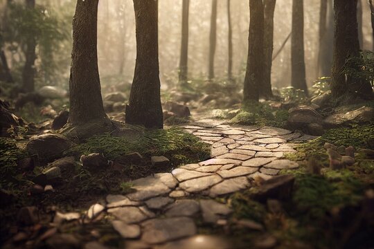 computer-generated image of a stone pathway through the mystical forest during golden hour. The sun is rising and there's a golden glow through the trees of this mossy forest