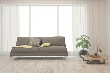 White living room with sofa. Scandinavian interior design. 3D illustration