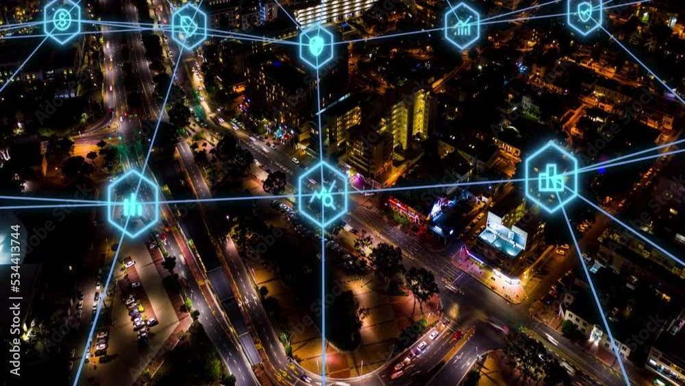 Poster aerial night traffic, networking and cloud computing, big data and telecom analytics. technology abs