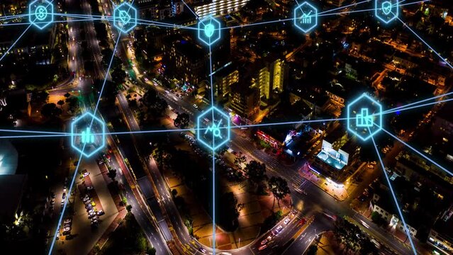 Aerial night traffic, networking and cloud computing, big data and telecom analytics. Technology abstract, digital grid and dark 5g futuristic smart cityscape, fast cars and global cyber security iot