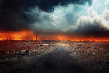 After the Apocalypse - 3D rendered computer generated image of a post-apocalyptic world after a cataclysmic, world-ending event. Extinction-level events (ELE) leave a barren wasteland with no humans - obrazy, fototapety, plakaty