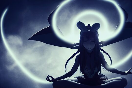 Anime-style demon girl in the darkness with backlighting from the moon. 2D cel-shaded animation style, completely original character