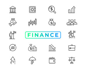 Finance line icons set. Money payments elements outline icons collection. Payments elements symbols. Currency, money, bank, cryptocurrency, check, wallet, piggy, balance, safe - stock vector.