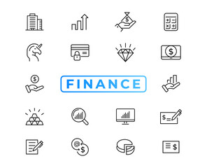 Finance line icons set. Money payments elements outline icons collection. Payments elements symbols. Currency, money, bank, cryptocurrency, check, wallet, piggy, balance, safe - stock vector.