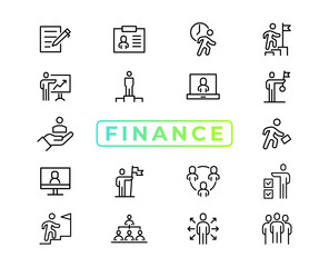 Finance line icons set. Money payments elements outline icons collection. Payments elements symbols. Currency, money, bank, cryptocurrency, check, wallet, piggy, balance, safe - stock vector.