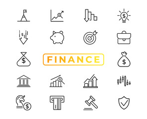 Finance line icons set. Money payments elements outline icons collection. Payments elements symbols. Currency, money, bank, cryptocurrency, check, wallet, piggy, balance, safe - stock vector.