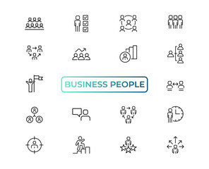 Fototapeta na wymiar Business people line icons set. Businessman outline icons collection. Teamwork, human resources, meeting, partnership, meeting, work group, success, resume - stock vector.
