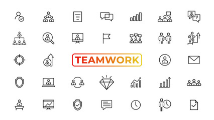 Teamwork line icons set. Businessman outline icons collection. Work group and human resources. Business teamwork, human resources, meeting, partnership, meeting, work group, success - stock vector.