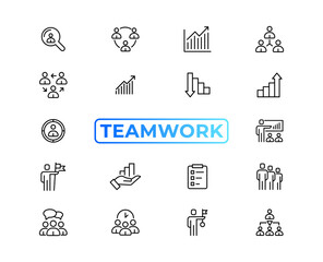 Teamwork line icons set. Businessman outline icons collection. Work group and human resources. Business teamwork, human resources, meeting, partnership, meeting, work group, success - stock vector.