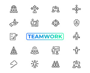 Teamwork line icons set. Businessman outline icons collection. Work group and human resources. Business teamwork, human resources, meeting, partnership, meeting, work group, success - stock vector.