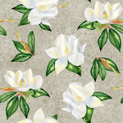 White magnolia flowers watercolor seamless pattern. Flowering tree branches endless background. Hand drawn flora elements. For fabric and wallpaper. Backdrop for wedding invitations.