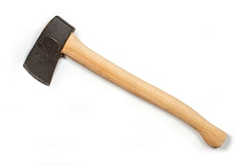 Axe with wooden handle on a white background.