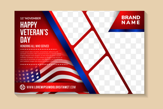 Happy veteran's day horizontal banner. 11 th November. US Memorial Day Background Design. Honoring All Who Served. Vector Illustration. space for photo collage with combination blue and red. usa flag.