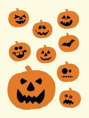 Halloween pumpkin scary faces. Flat vector spooky creepy horror. facial expressions Illustration. Emotion Variation 9 elements. accessory at Halloween October.