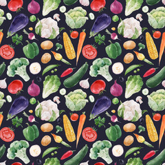 Beautiful vector seamless pattern with hand drawn watercolor healthy vegetable food. Eggplant cabbage corn broccoli zucchini lettuce papper potato illustrations
