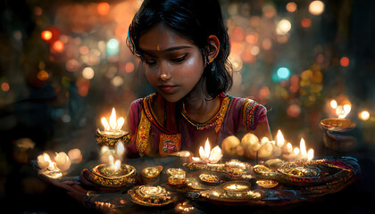 AI generated or 3D illustration of a young Indian girl arranging earthen lamps for celebrating Diwali or Deepavali, the Hindu festival of lights   - obrazy, fototapety, plakaty